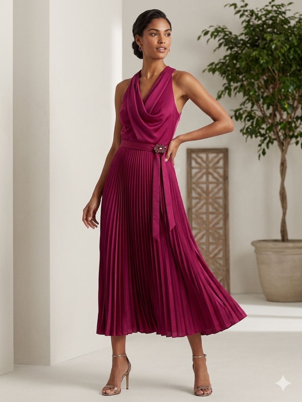 Ralph Lauren Sleeveless Pleated Midi Dress in Berry